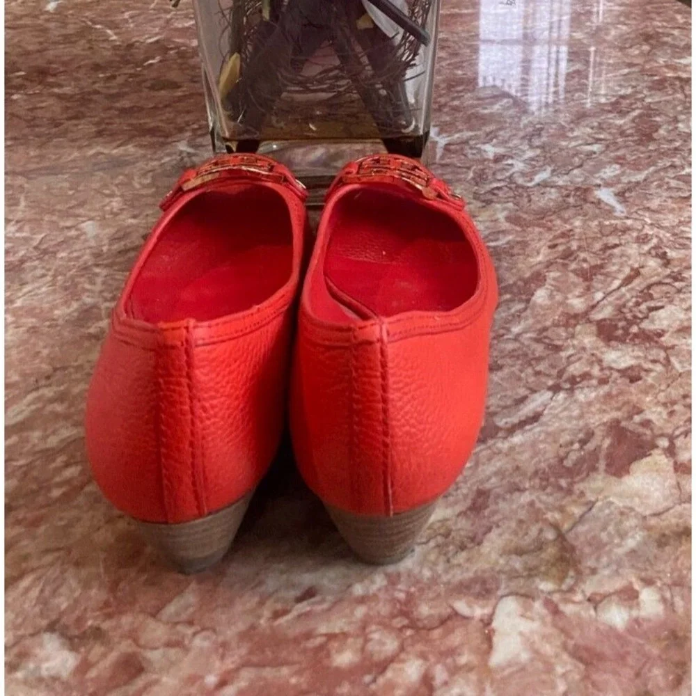 Tory Burch Amanda Orange Red Leather Open Toe Wedge Heel Shoes 10M ‎ EUC! $278